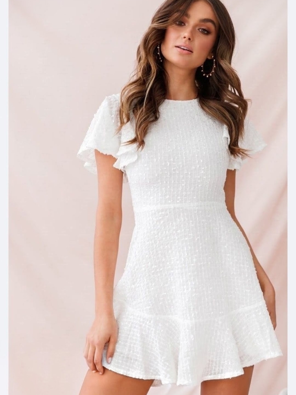 Selfie Leslie White Textured Flutter-Sleeve Mini Dress